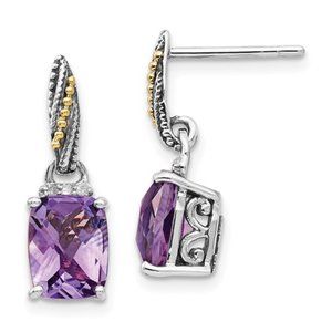 Sterling Silver, 14K Accent Antiqued Diamond & Cushion Amethyst Dangle Earrings